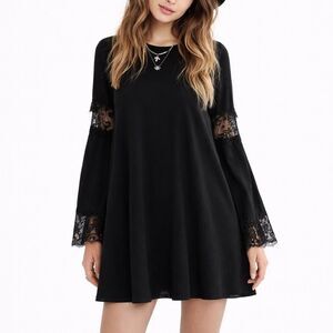 For Love & Lemons Black Lace Bell Sleeve Mini Dress Festival Boho Small NWT